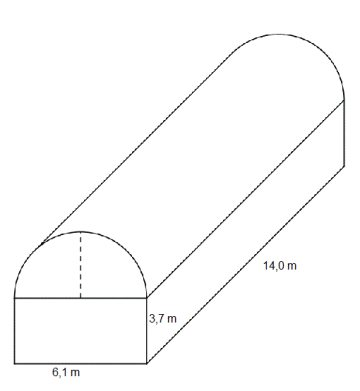 Figur sammensatt av rett firkantet prisme og halv sylinder. Prismet har sidelengder 6,1 m, 3,7 m og 14,0 m. Halvsylinderen har diameter 6,1 m og høyde 14,0 m
